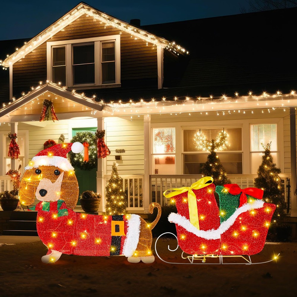 23 Inch Lighted Christmas Dog Decorations Outdoor Dachshund Dog with Sleigh a...