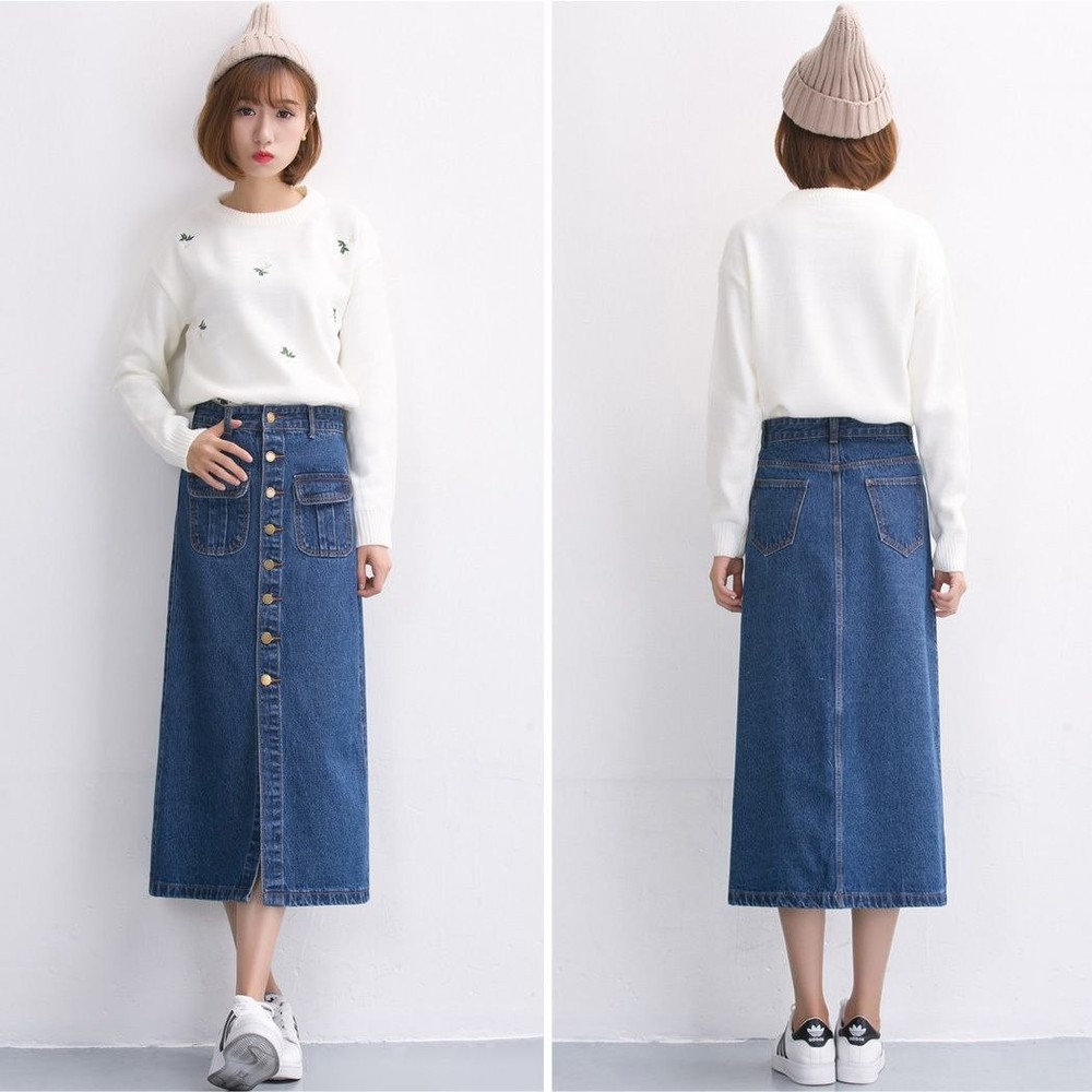 denim midi skirtWomen Denim Midi Skirt High Waist Button Front A-Line Long Jean