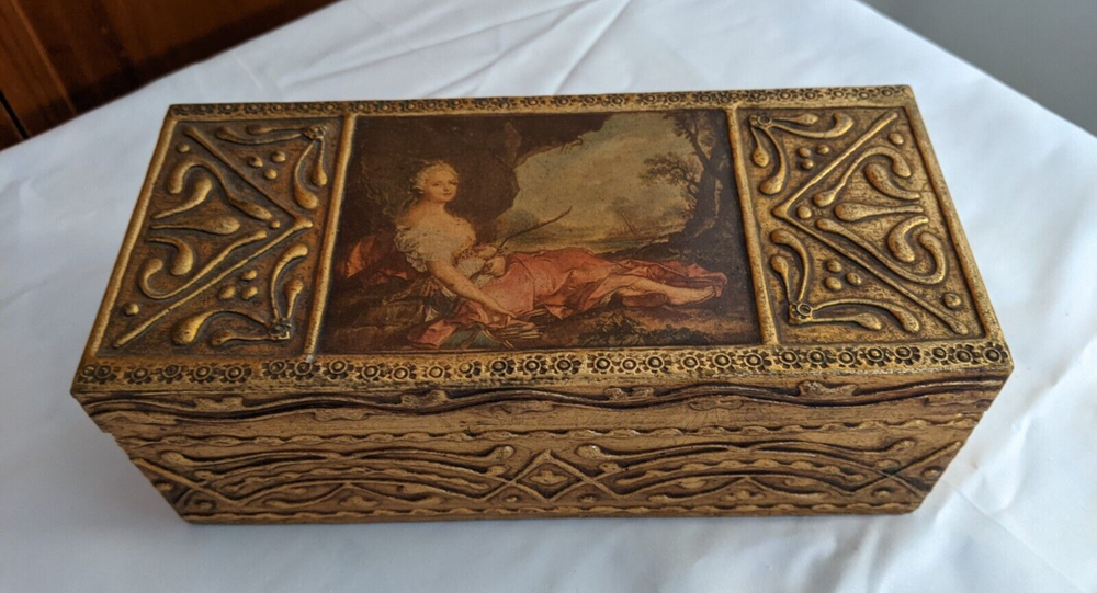 Vintage Italian Gold Gilded Wood Hinged Jewelry Box