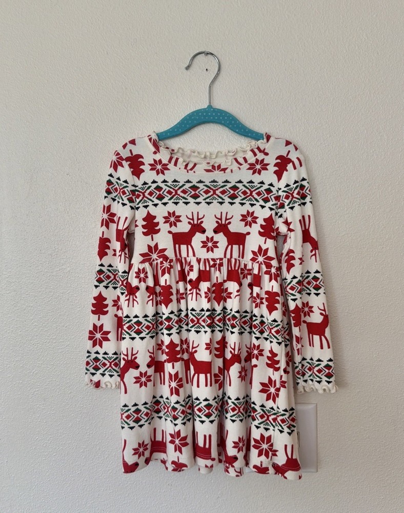 Hanna Andersson Girls 4 Christmas Dress Dear Deer Cotton Holiday Toddler 4T