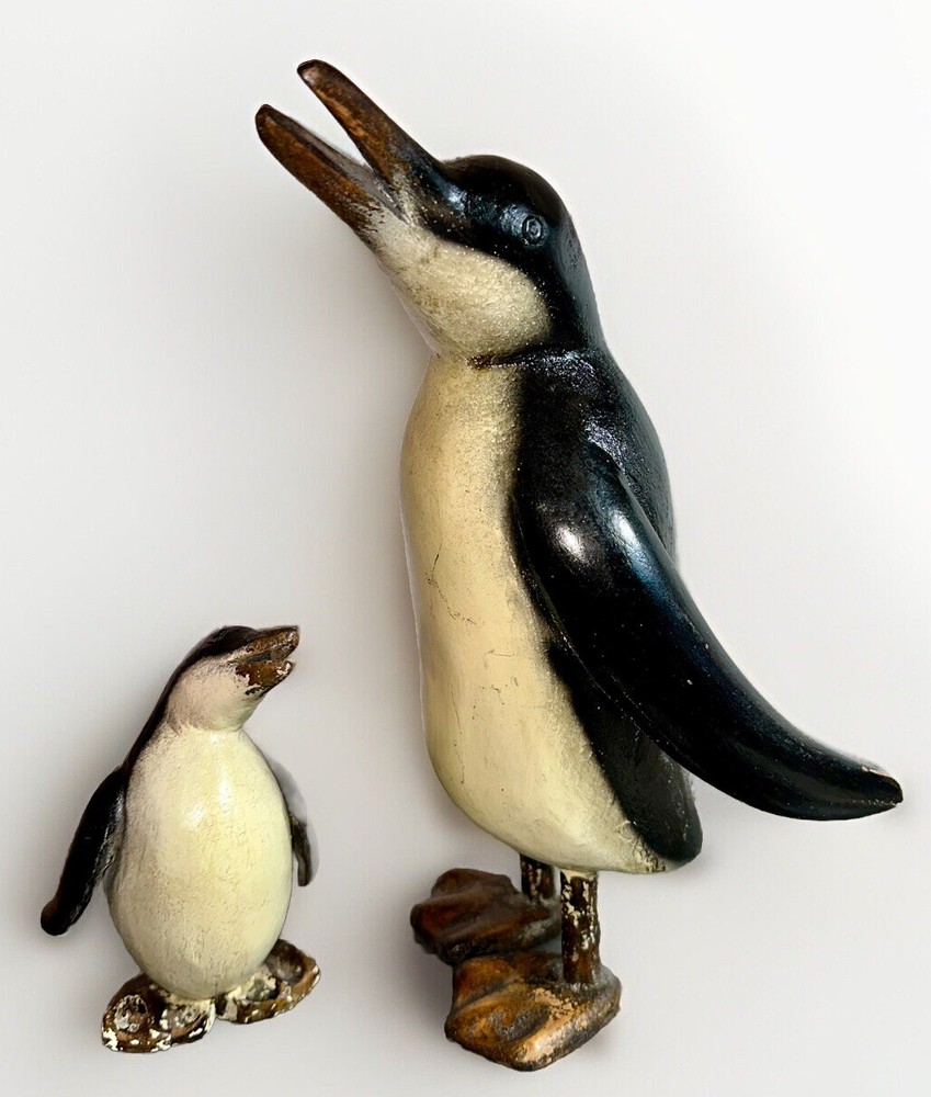 Mother & Baby Penguins Wood Figures Unsigned Hand Carved & Painted