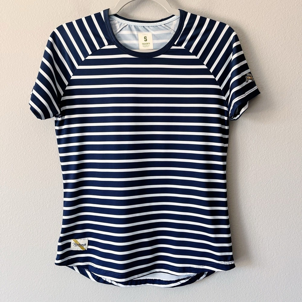 Tracksmith Twilight Short Sleeve Tee Shirt Navy Blue White Stripes Women's Small