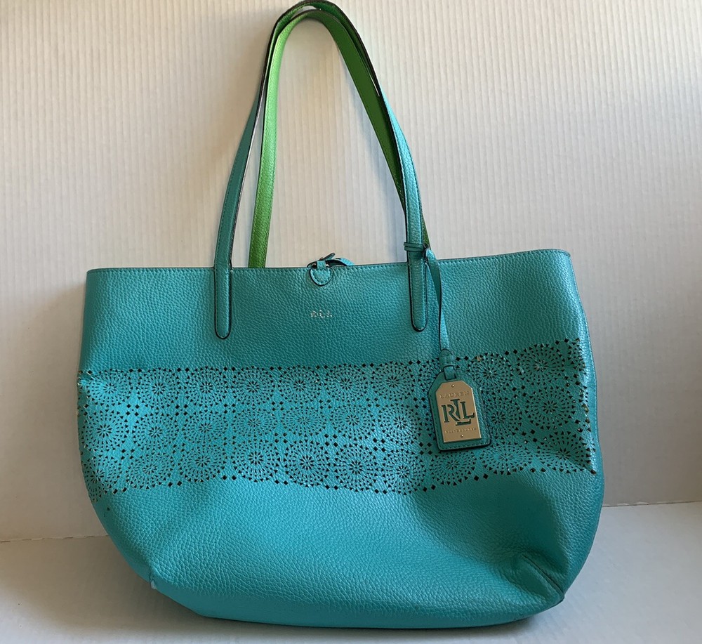 Lauren Ralph Lauren Reversible Tote in Tiffany Blue & Lime Green Bag with pouch