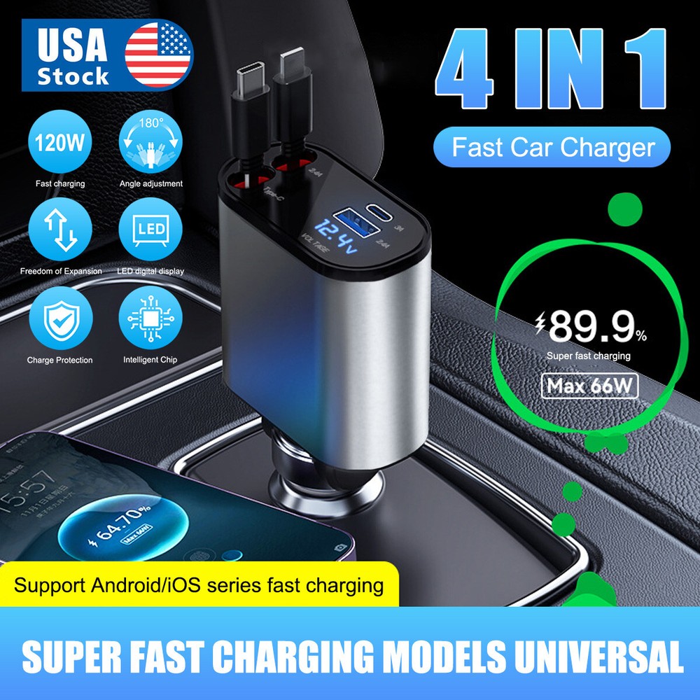 4-in-1 Retractable Car Charger with USB-C PD Fast Charging & Dual Ports  
