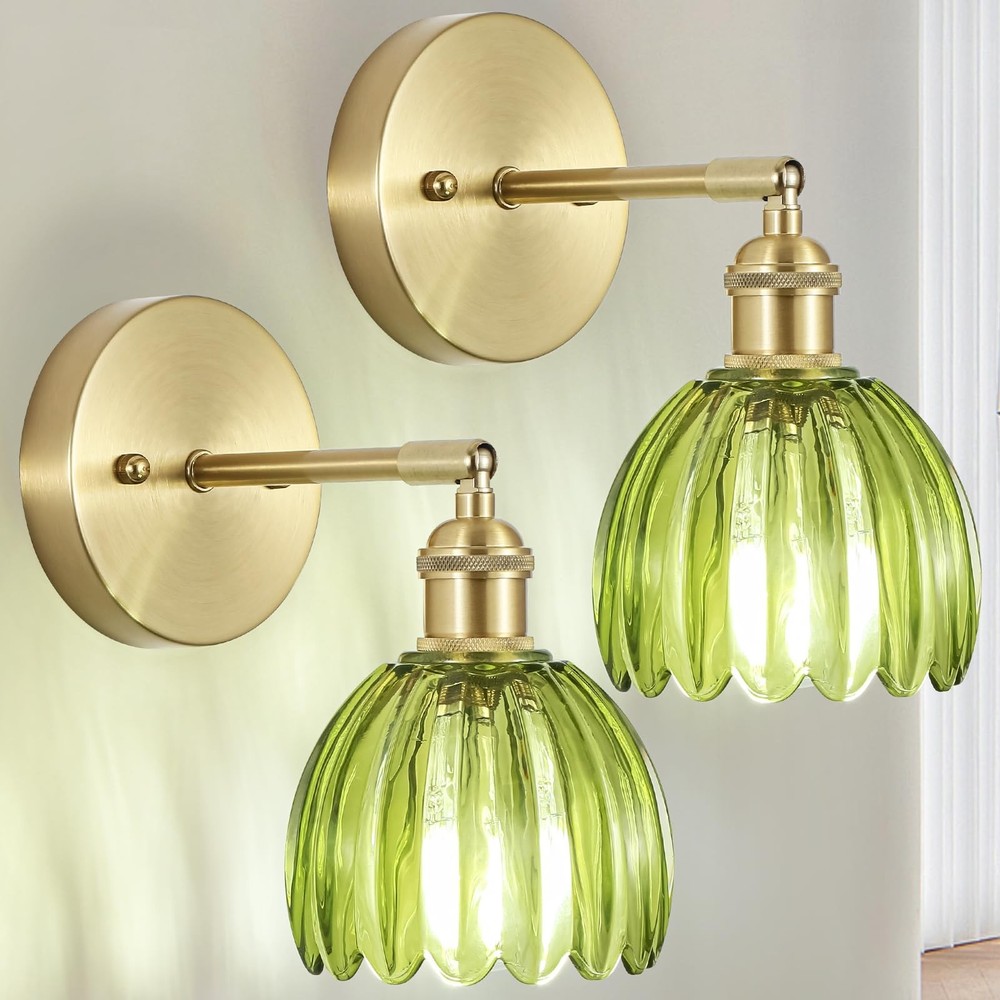 Hardwired Wall Sconces Set of Two, Vintage Wall Lights with Green Tulip Glass...