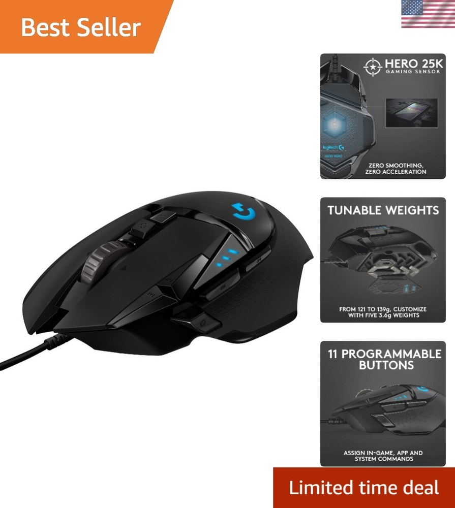 Ergonomic G502 HERO Wired Gaming Mouse with Adjustable Weights and On-Board Memory