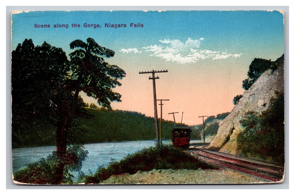 Niagara Falls NY Scene Along the Gorge Railroad Car River Divided Back Postcard