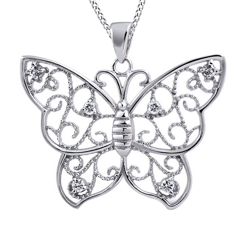 0.25Ct Natural Diamond Accent Butterfly Pendant Necklace 14K White Gold Plated
