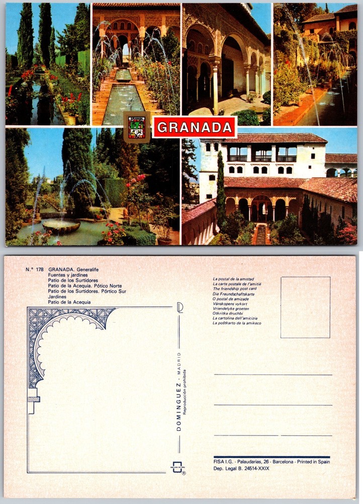 Continental Alhambra Gardens Granada Spain Postcard