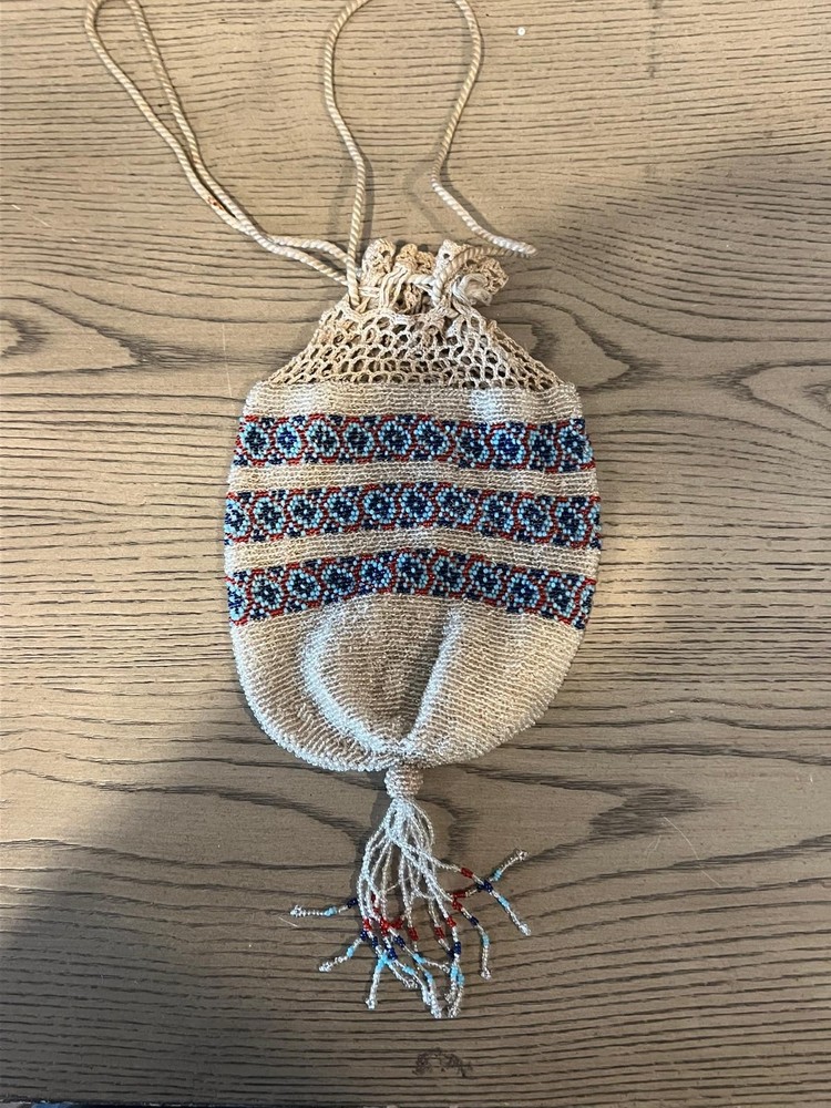 Vintage 1890s Multi-color Victorian Beaded Misers Drawstring Reticule Purse Bag