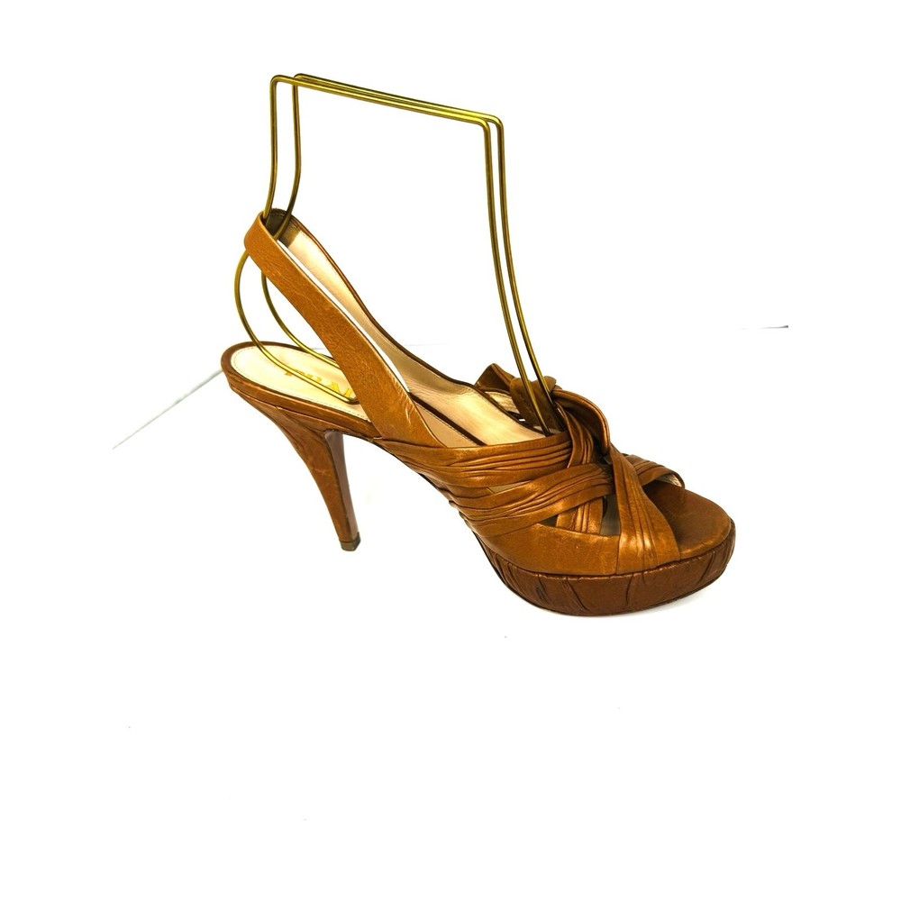 Prada Women's Tan Leather Knotted Platform Slingback Heels Size 36
