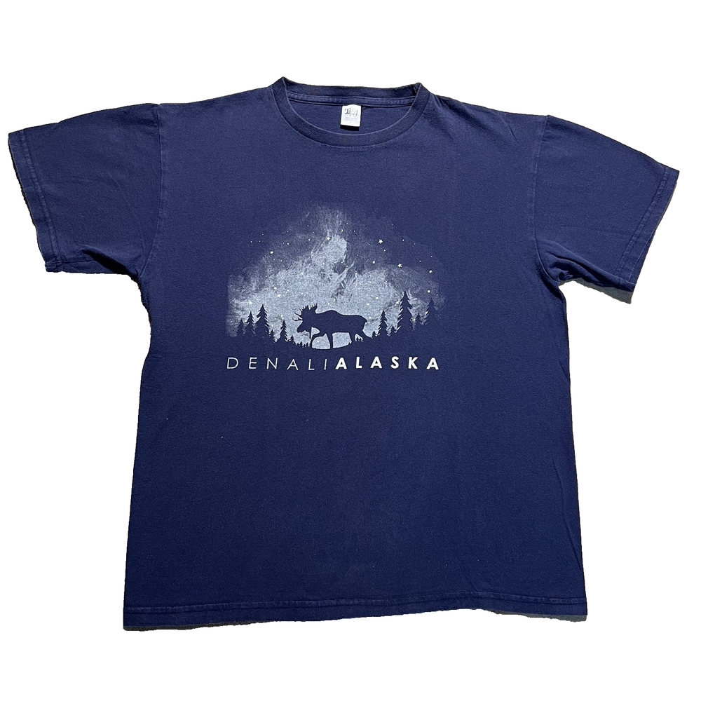Vintage 90s Alaska T Shirt L Blue Denali Moose Animal Graphic Outdoor Nature Tee