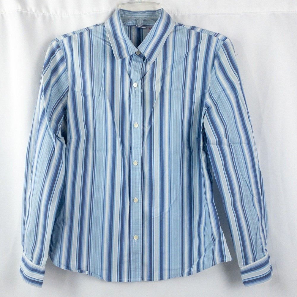 GH Bass Blue White Striped Button Blouse Shirt Womens Medium