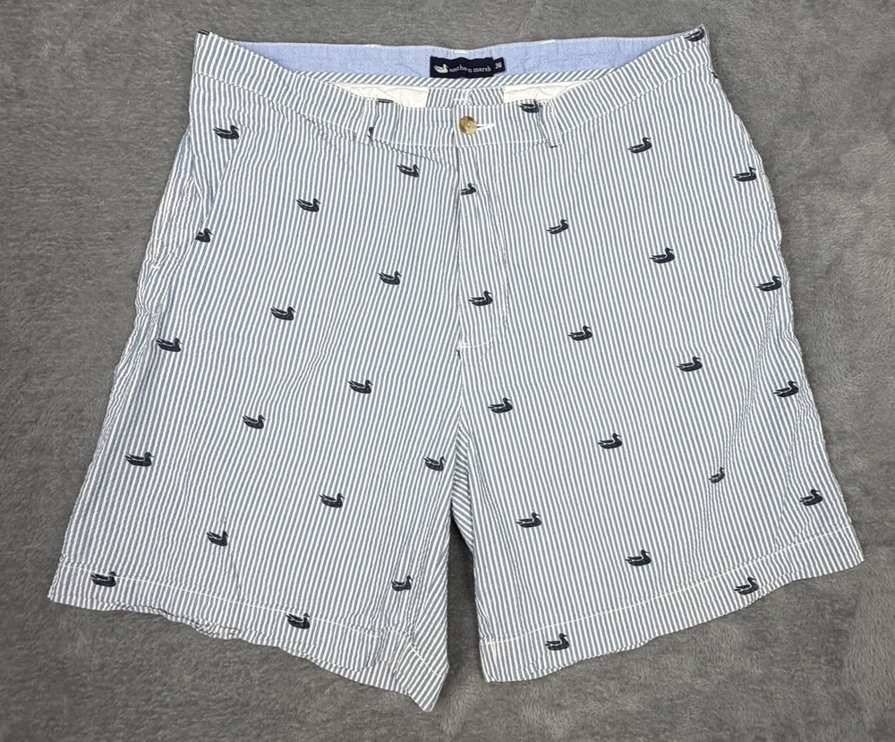 Southern Marsh Shorts Mens 36 Blue White Seersucker Striped Duck Logo AOP Golf