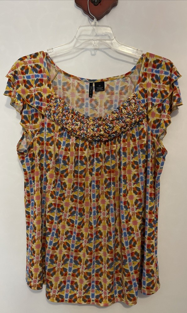 New Directions Womens 2x Colorful Sleeveless Ruffled Stretch Tunic Blouse! A5464