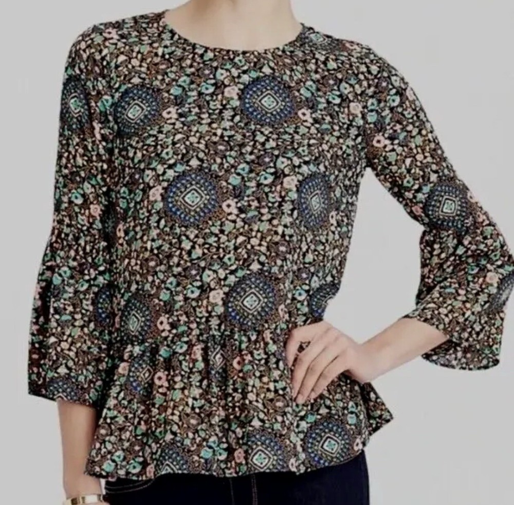 J Crew Floral Bell Sleeve Peplum Top Women’s Size XXS Boho Chic
