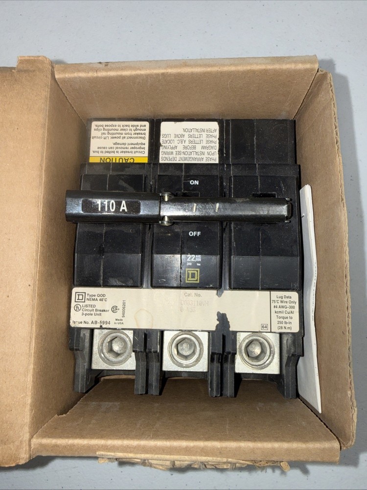 NEW Square D QOB3110VH Circuit Breaker, 110A, 3 Pole, 120/240VAC, 22kA, Bolt-on