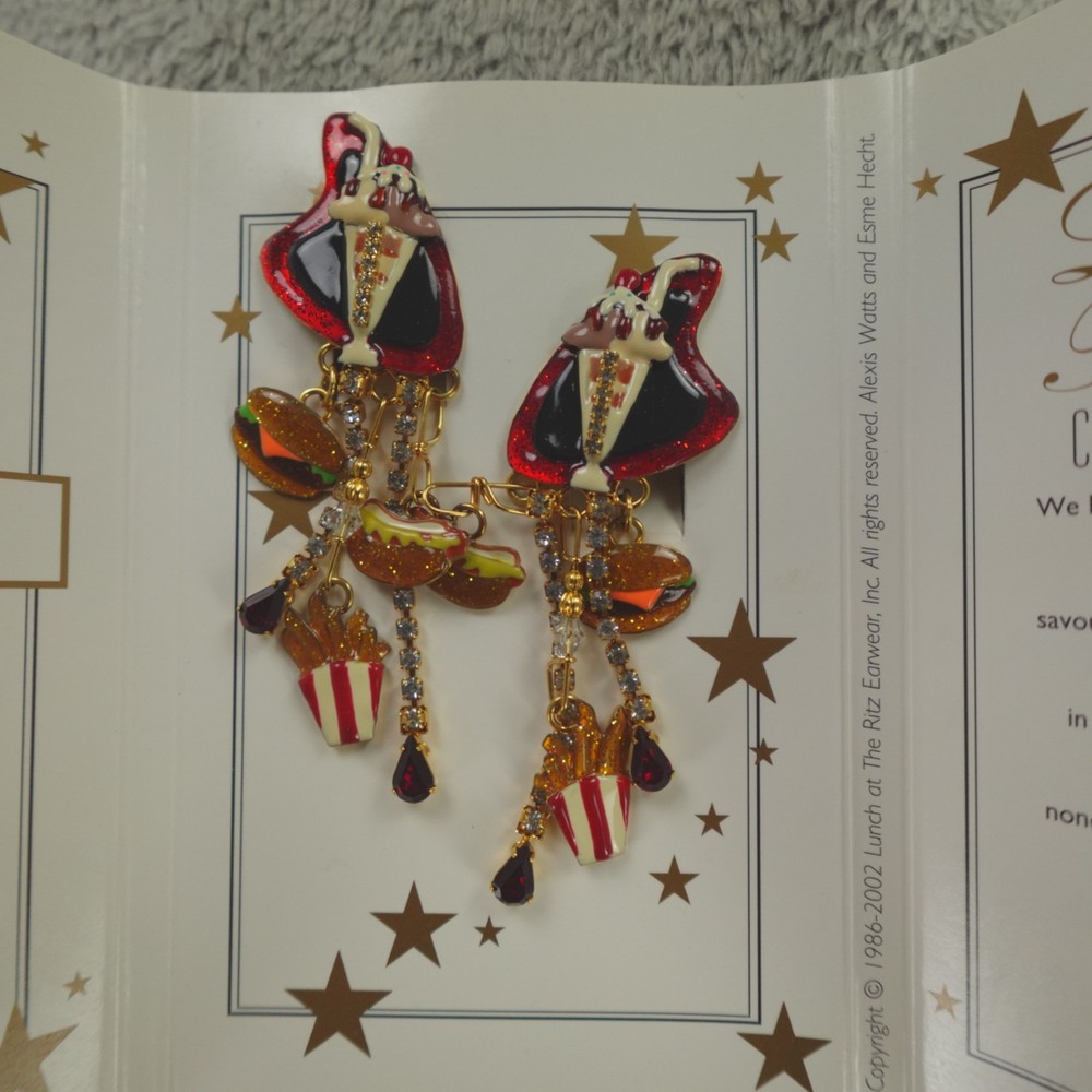 Lunch at the Ritz Earrings Car Hop Signed Clip On Menu Card