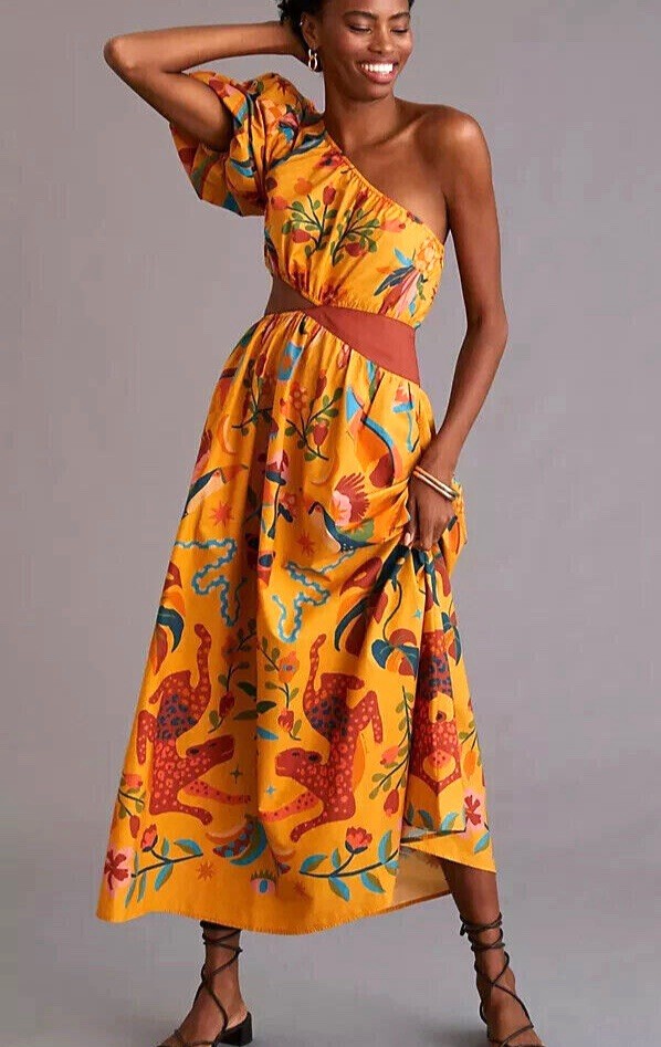 Farm Rio One Shoulder Tropical Print Maxi Dress, Size M