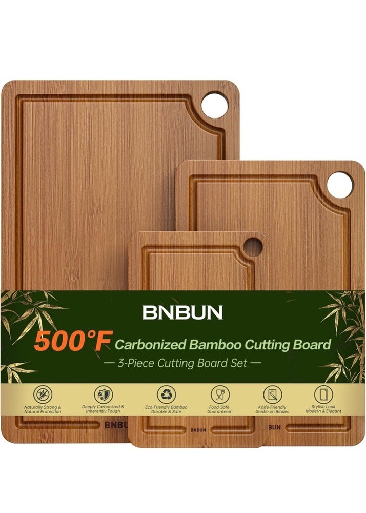 Bamboo Cutting Board for Kitchen, Wooden Cutting Board 3-Piece Set with Non-Slip