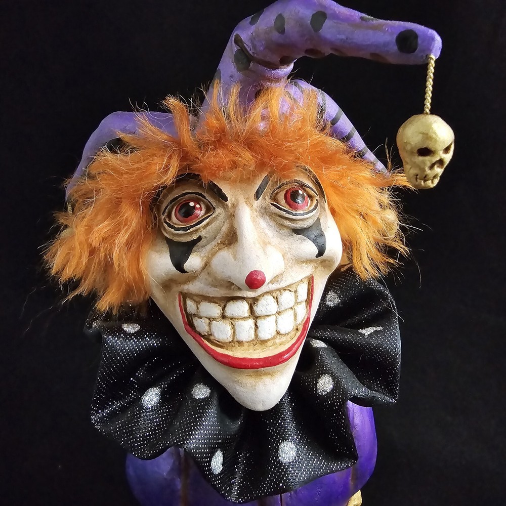 Creepy Jester Clown Joker Handmade Paperclay Sculpture OOAK Art by Tamara Dozier  