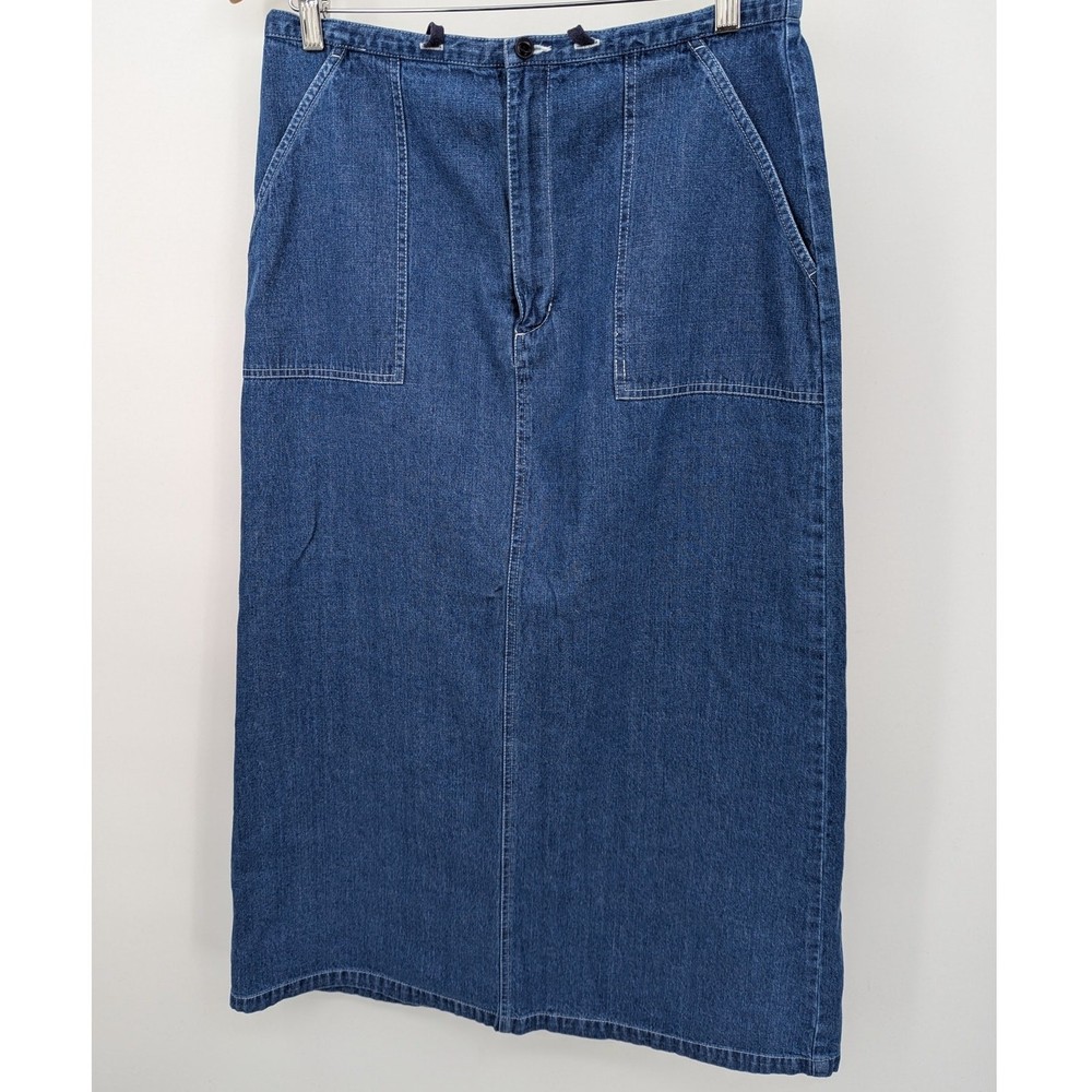 Eddie Bauer Denim Maxi Skirt Size 12 Blue Cotton Drawstring Pockets Long