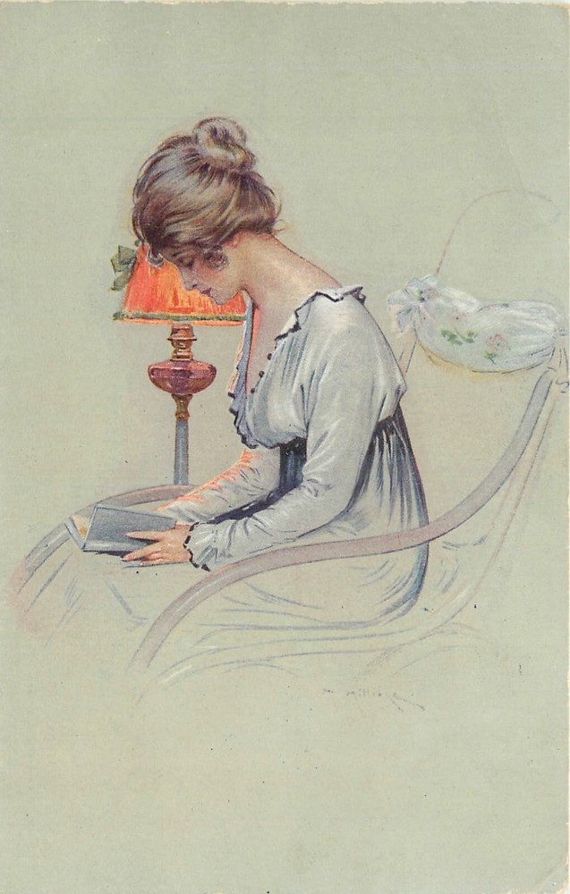 c1910 woman reading book Milliere France Postcard 25-25-1400