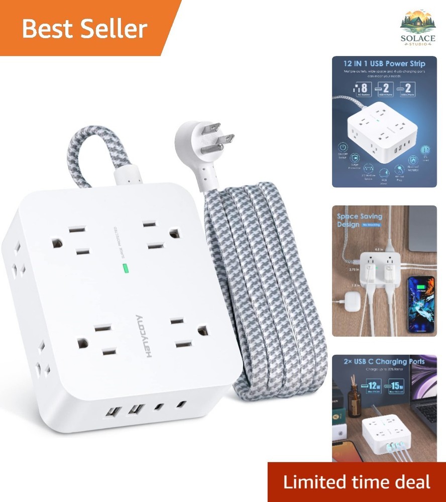 Compact 6Ft Power Strip with 8 Outlets & Wall Mount, Ideal for Home & Office