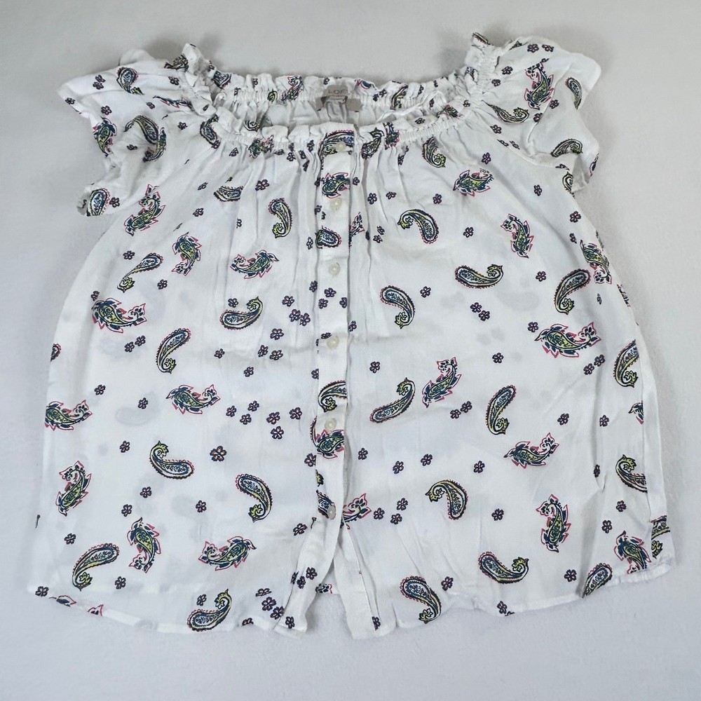 Loft Womens White Multi Color Paisley Ruffle Neck Button Front Blouse S