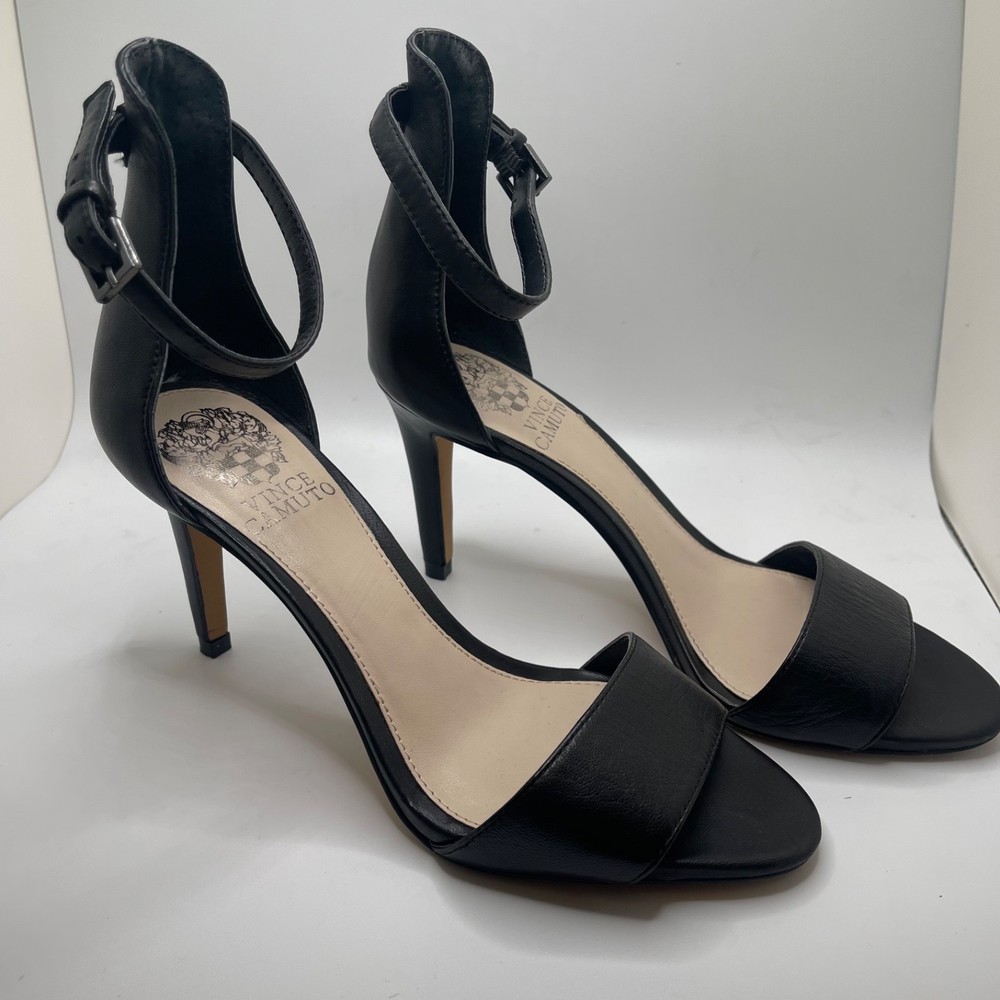 Vince Camuto 3.5” Nude Black Leather Heels with Ankle Straps SIZE 6