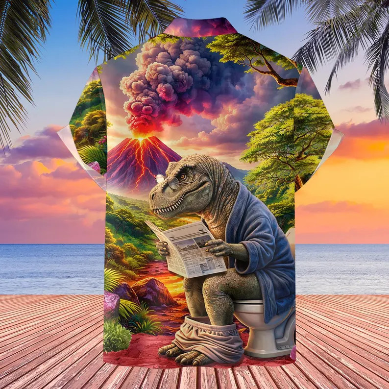 Funny Dinosaur Hawaii Shirt Men Aloha Beach Vacation Dino Print Summer