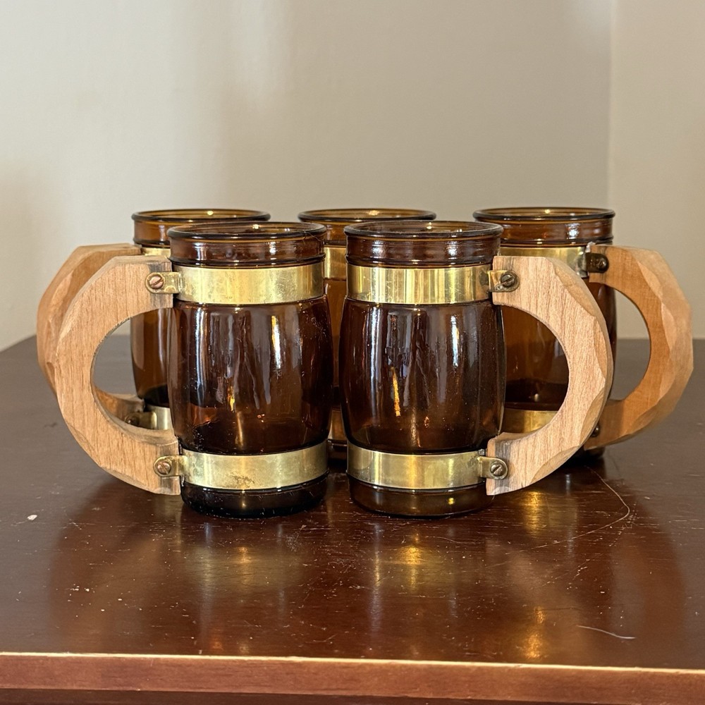 5 Vtg 1960’s Siesta Ware Amber Brown Glass Barrel Mug Wood Handle Brass Trim