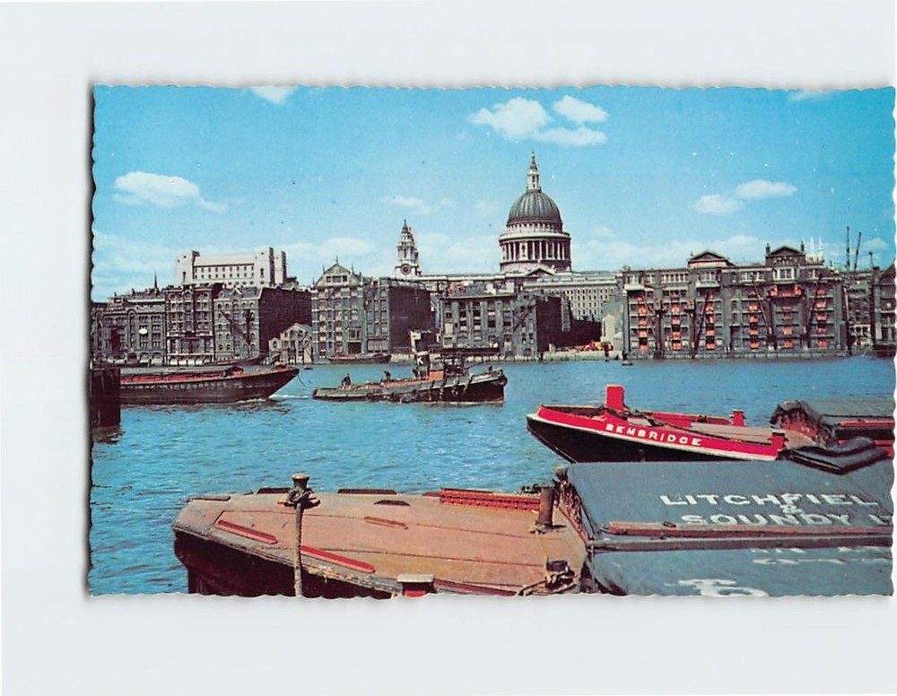 Postcard St. Pauls Cathedral and River Thames London England