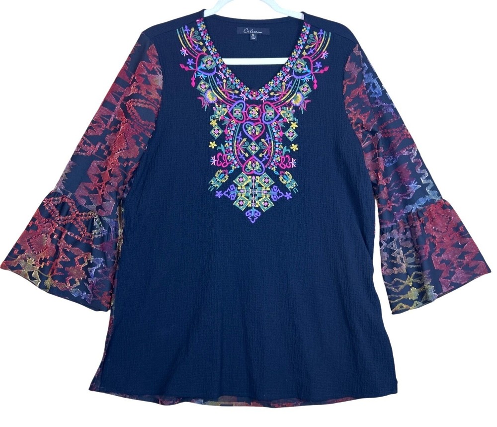 Calessa Tunic Top Women's Size M Black Embroidered Boho Peasant Bell Sleeves