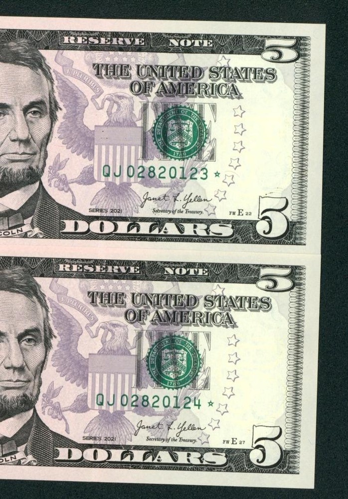 (( STAR - TWO CONSECUTIVE )) $5 2021 ((CHOICE CU)) Federal Reserve Note