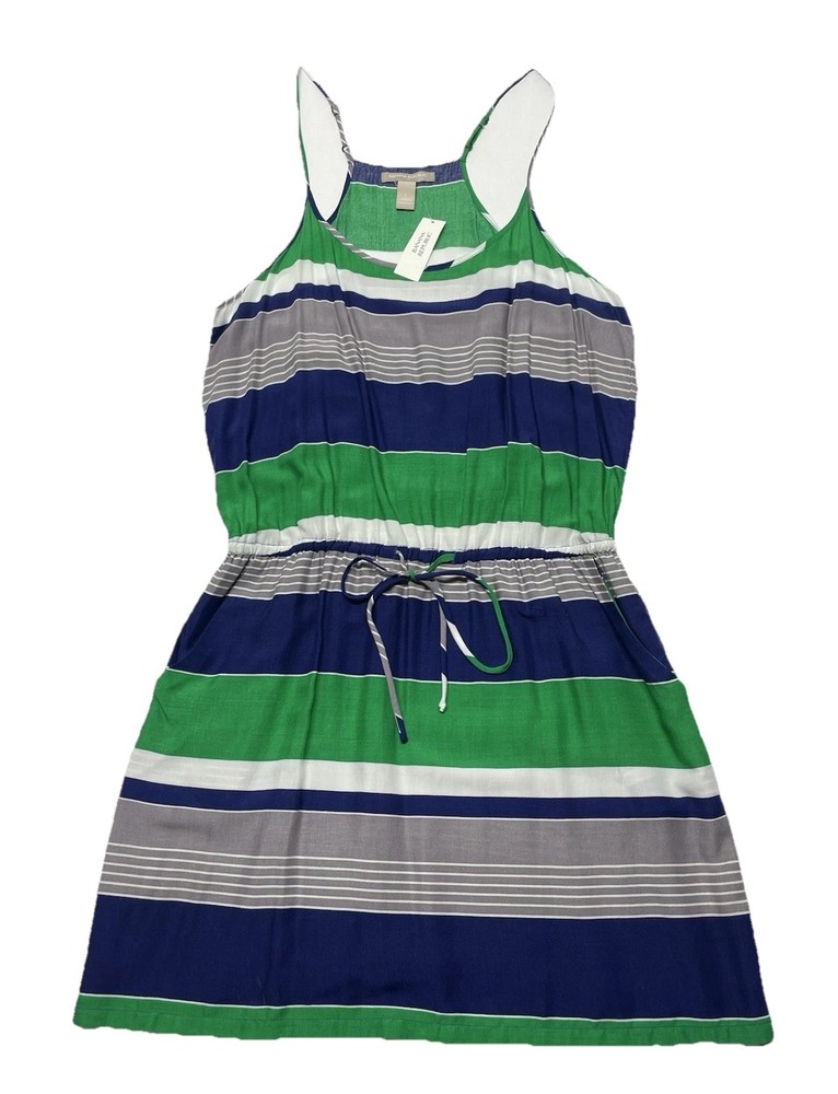 NWT Banana Republic Green Navy Blue Stripe Racerback Tie Waist Sun Dress Size L