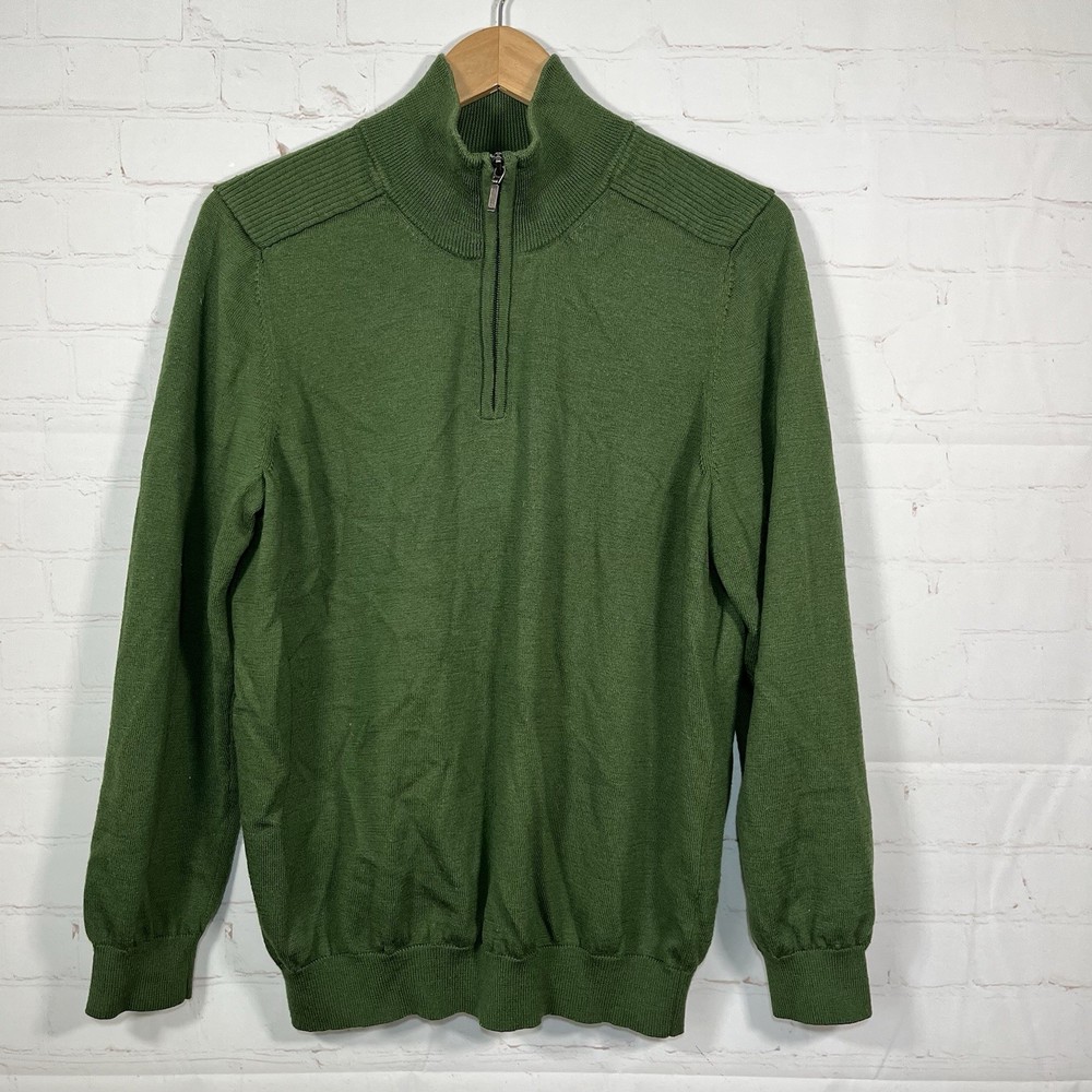 Vintage LL Bean 100% Merino Wool 1/4 Zip Sweater Mens Size Medium Green Ribbed