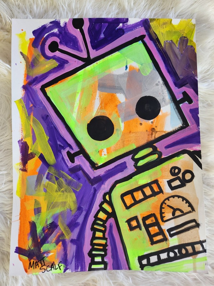 Matt Scalf 18x24 Abstract Graffiti Robot Street Art Pop Modern ORIGINAL PAINTING-image