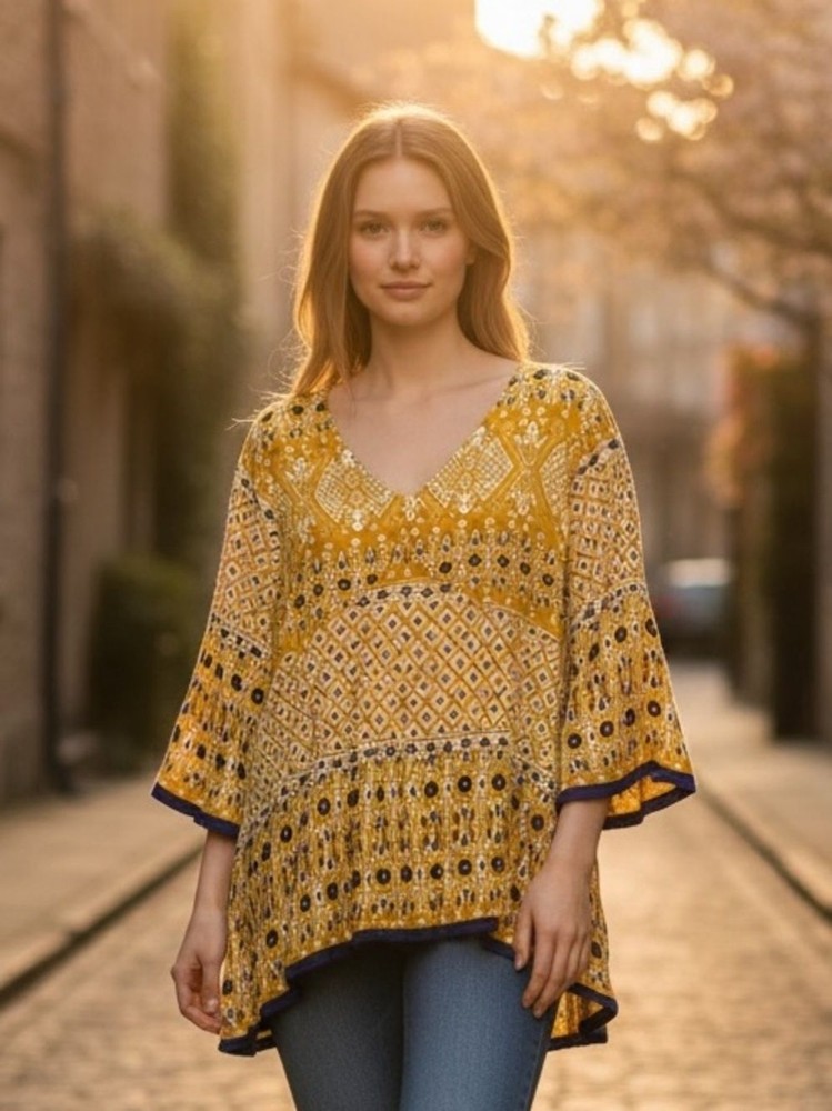 World Market Boho Tunic Yellow Blue V-Neck Long Sleeve Bell Sleeve  Boho Large