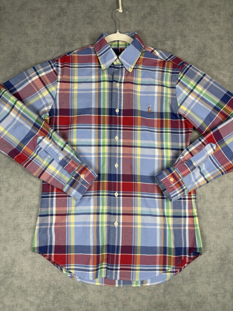 Ralph Lauren Slim Fit Stretch Oxford Plaid Button Shirt Mens Small Blue