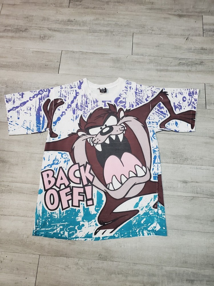 Vintage 90s Taz All Over Print Back Off Looney Tunes Shirt XL Epic Tag