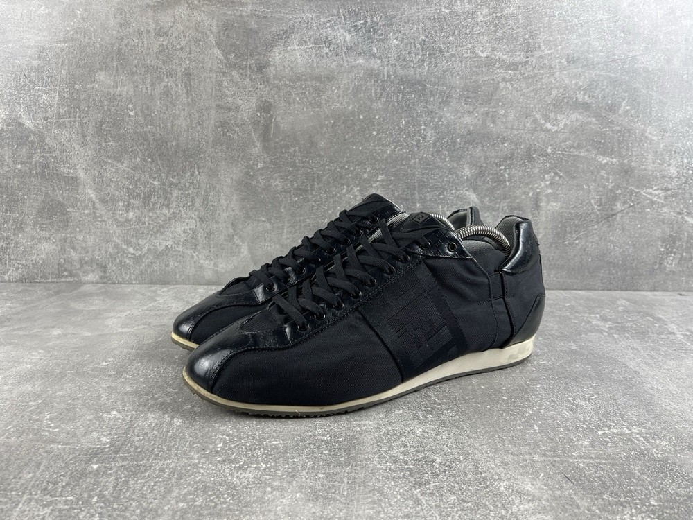 Fendi Vintage 90s Zucca Nylon Leather Black Low Top Sneakers Size 11US Made IT
