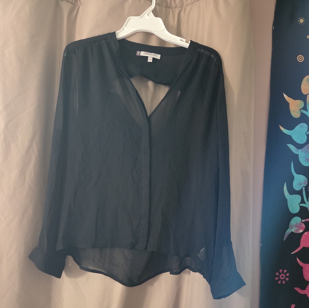 Jennifer Lopez Sheer Black Chiffon Blouse Top Long Sleeve, key Hole Back Sz LG