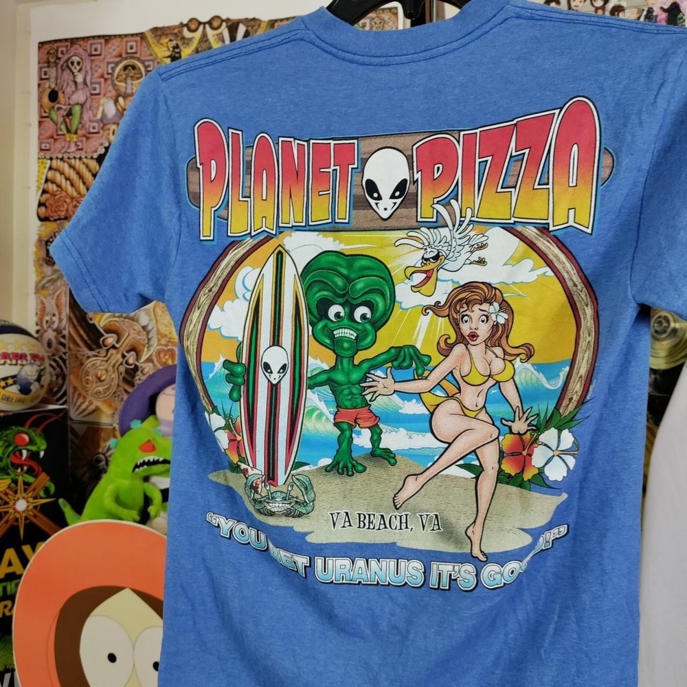 Planet Pizza Virgina Beach Alien Shirt Delta Tag Size Small 17x25.5 A5ed