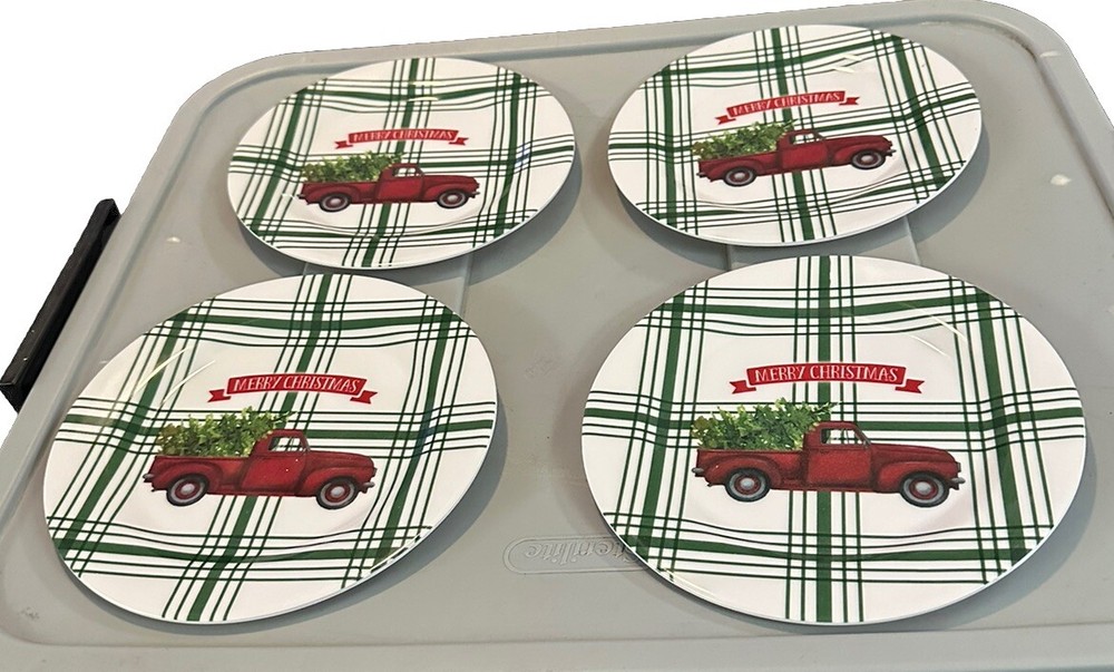 Red Pick Up Truck Melamine Salad Plates Set of 4 NEW Christmas 8 inch