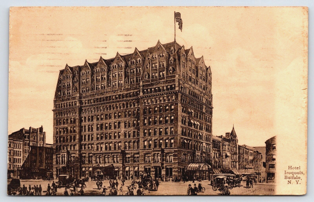 Buffalo New York Hotel Iroquois Building People Street View Vintage Postcard
