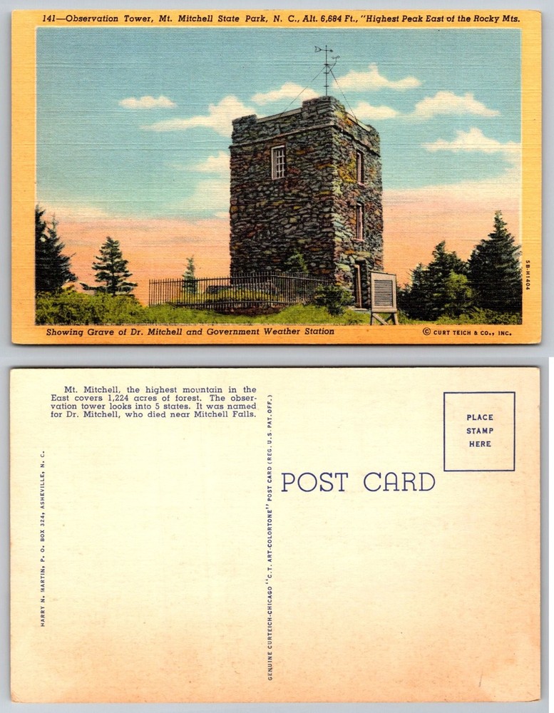 Mt Mitchell State Park NC Observation Tower Postcard Curt Teich Colortone