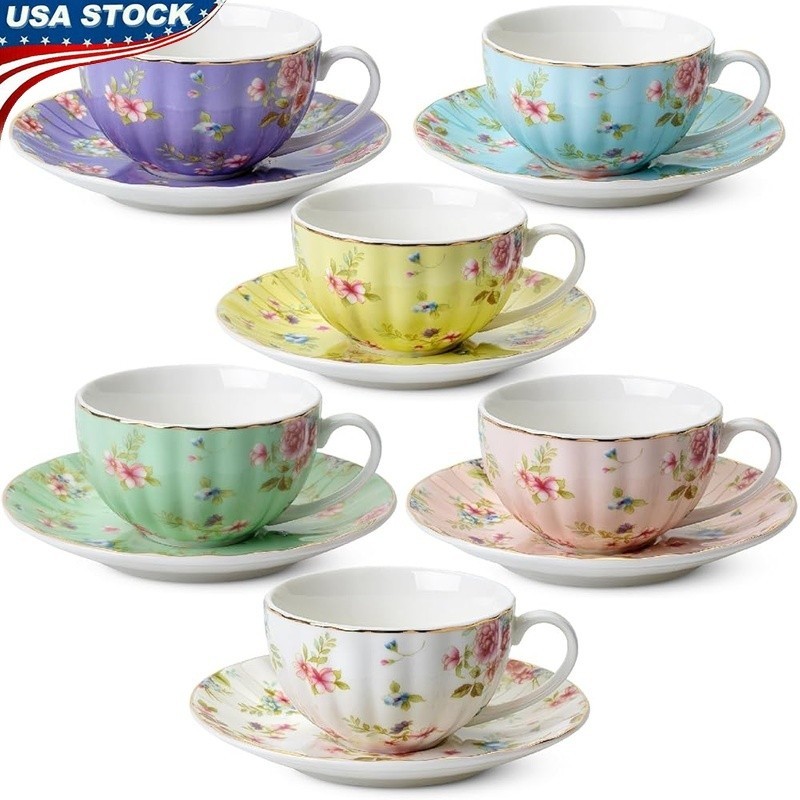 Floral Porcelain Cups & Saucers Set Vintage Style 6 Pieces Gift Boxed Tea Party