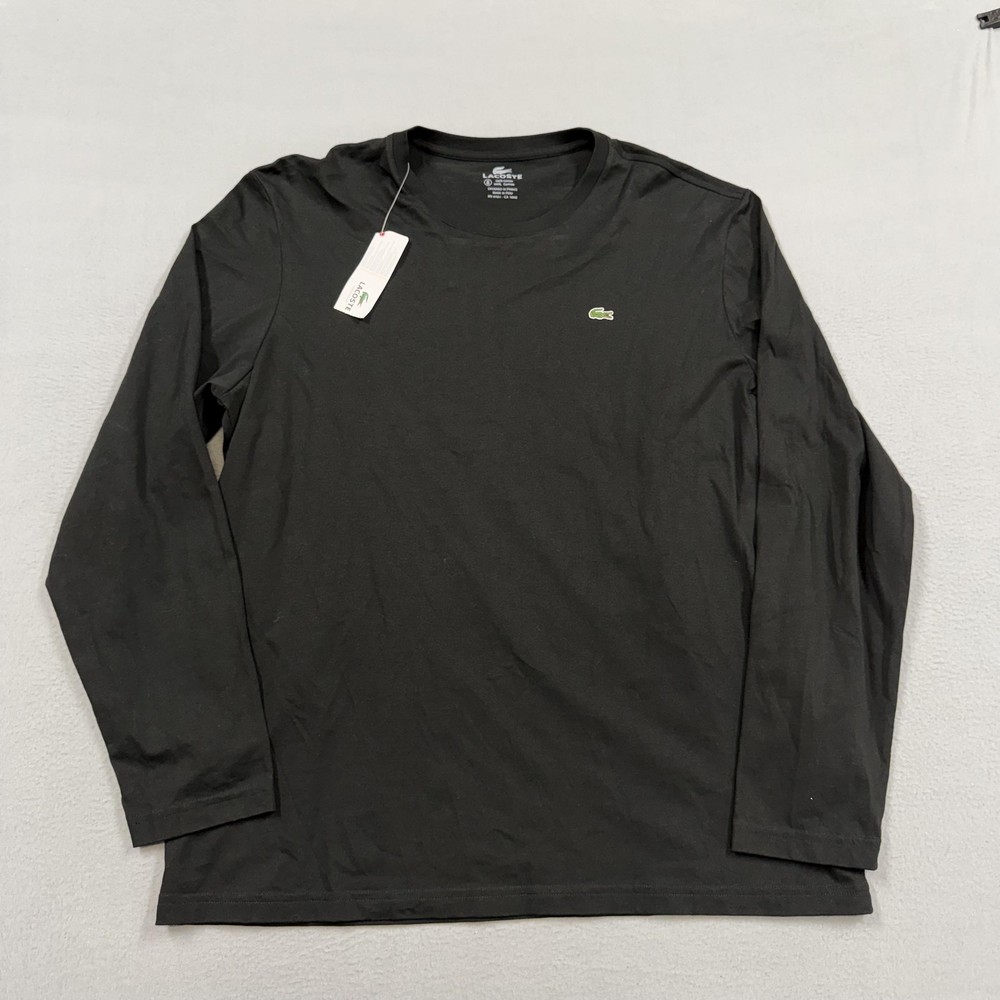 Lacoste Shirt Mens 2XL Black Long Sleeve Logo Tee Tagless Cotton Crewneck