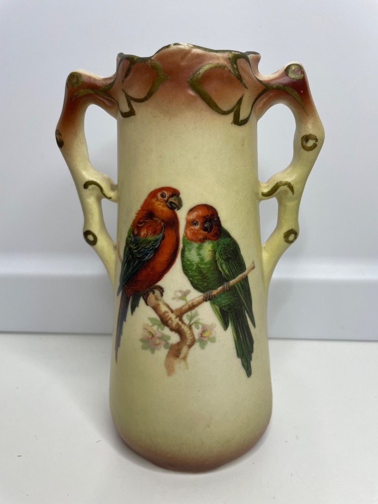 Vintage Art Deco Czech Porcelain two handles Vase two parrots love Birds